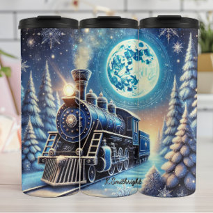 Magical Blue Christmas Train Moonlit Scene Thermal Tumbler