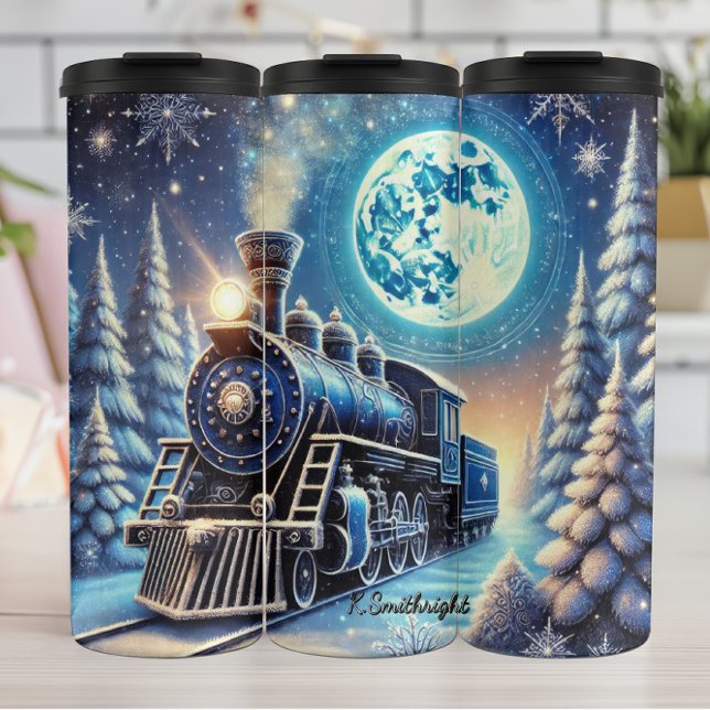 Magical Blue Christmas Train Moonlit Scene Thermal Tumbler (Creator Uploaded)