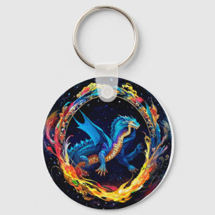 Magical Blue Dragon Surrounded by Mystical Flames Key Ring