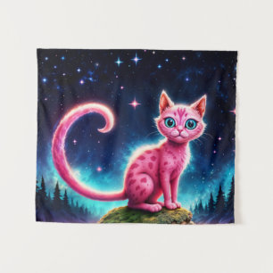 Magical blue-eyed feline under bright stars tapestry