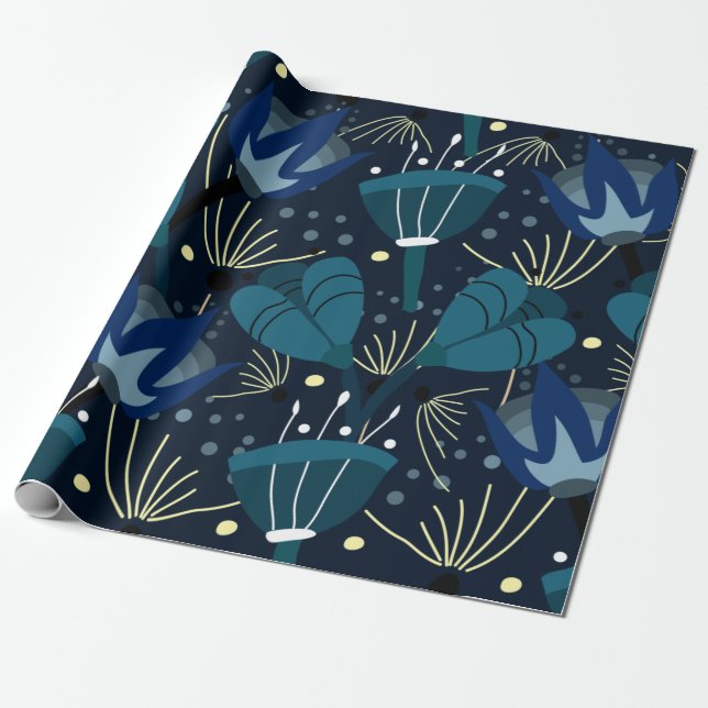 Magical blue Flowers Wrapping Paper (Unrolled)