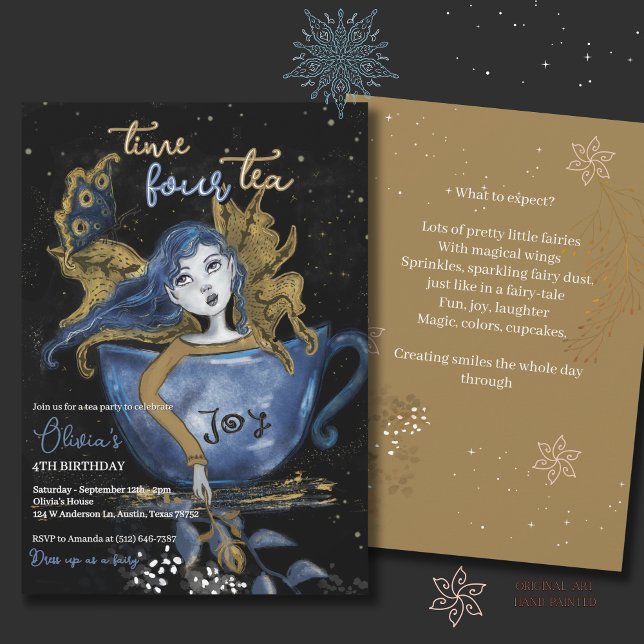 Magical Blue Gold Fairy Teacup Birthday Tea Party  Invitation (Magical Blue Gold Fairy Teacup Birthday Tea Party Invitation)