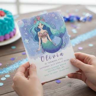 Magical Blue & Purple Mermaid Birthday Party Invitation