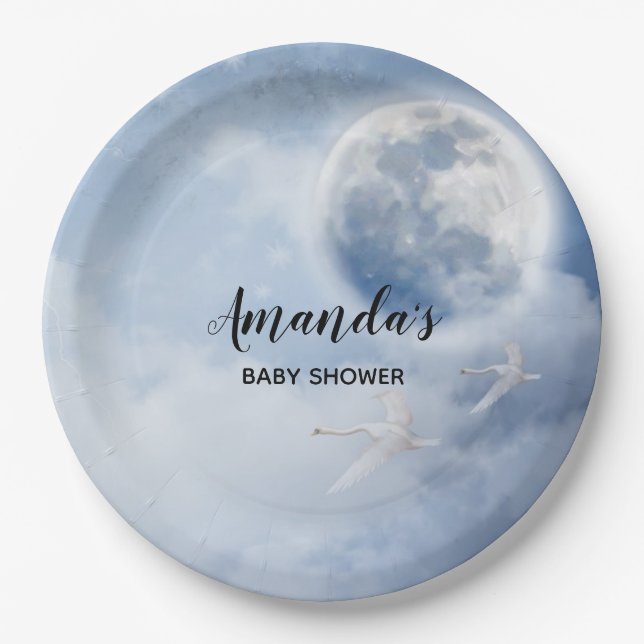 Magical Blue Sky with Flying Swans Baby Shower Paper Plate (Front)