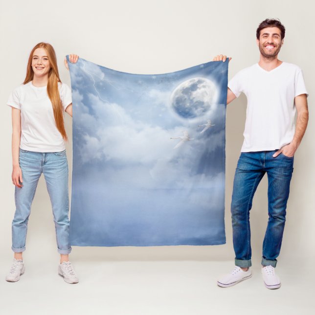 Magical Blue Sky with Flying Swans Fleece Blanket (In Situ)
