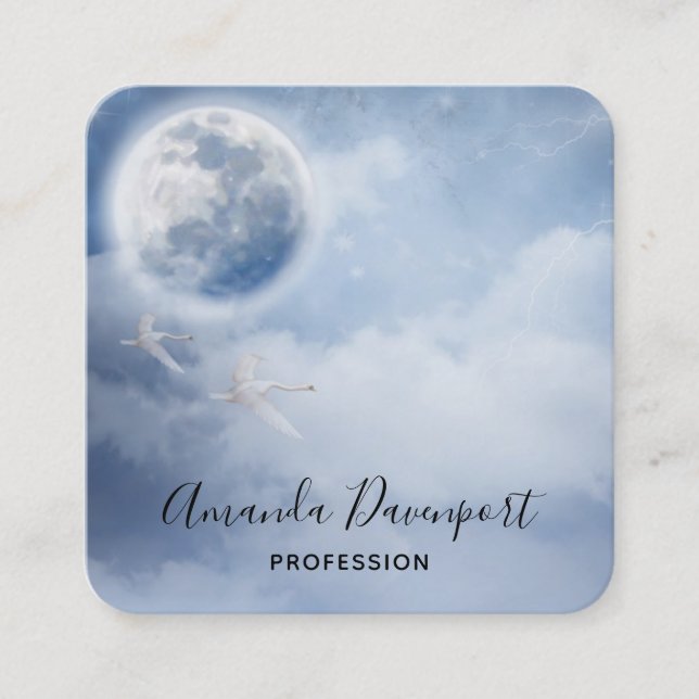 Magical Blue Sky with Flying Swans Square Business Card (Front)