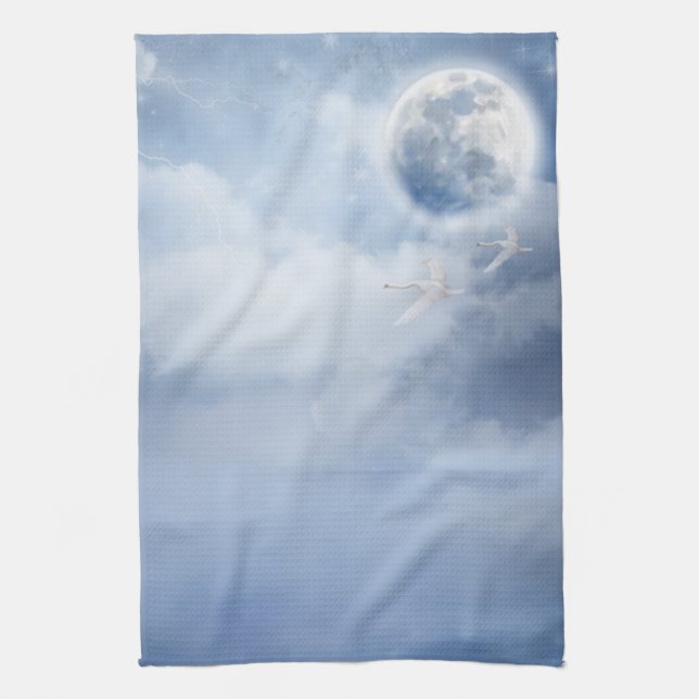 Magical Blue Sky with Flying Swans Tea Towel (Vertical)
