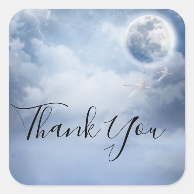 Magical Blue Sky with Flying Swans Thank You Square Sticker (Front)