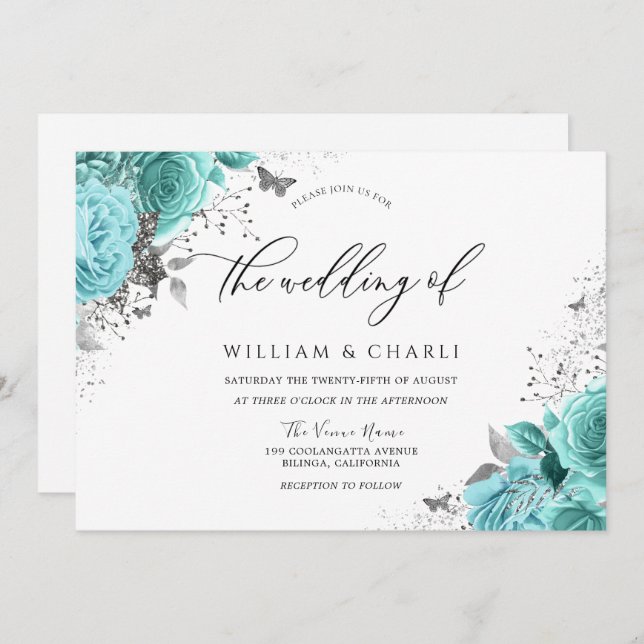 Magical Blue Teal Aqua Roses Floral Wedding Invitation (Front/Back)