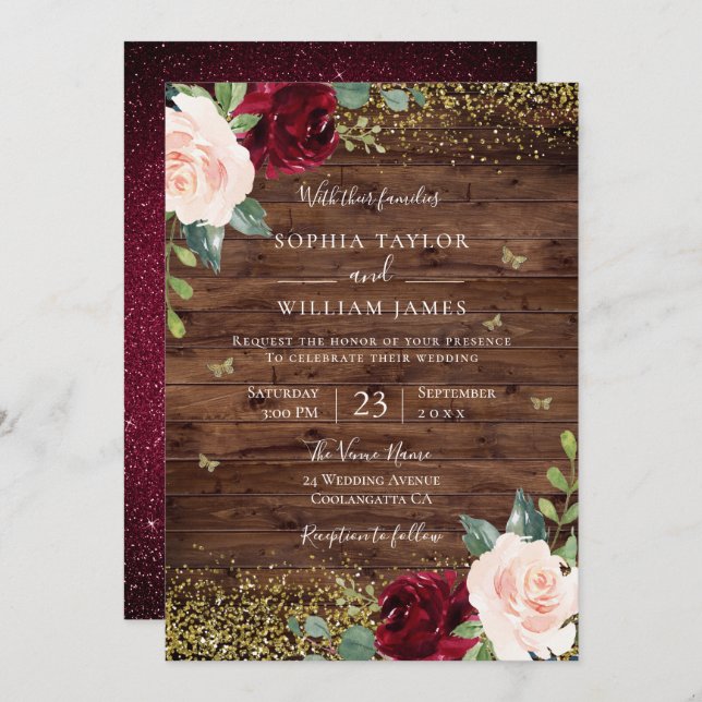 Magical Blush & Burgundy Floral Rustic Wedding Invitation (Front/Back)