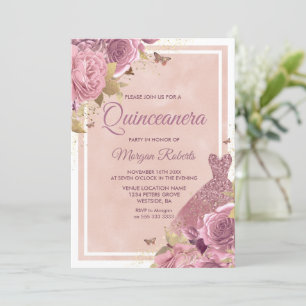 Magical Blush Pink Dress & Flowers Quinceanera Invitation