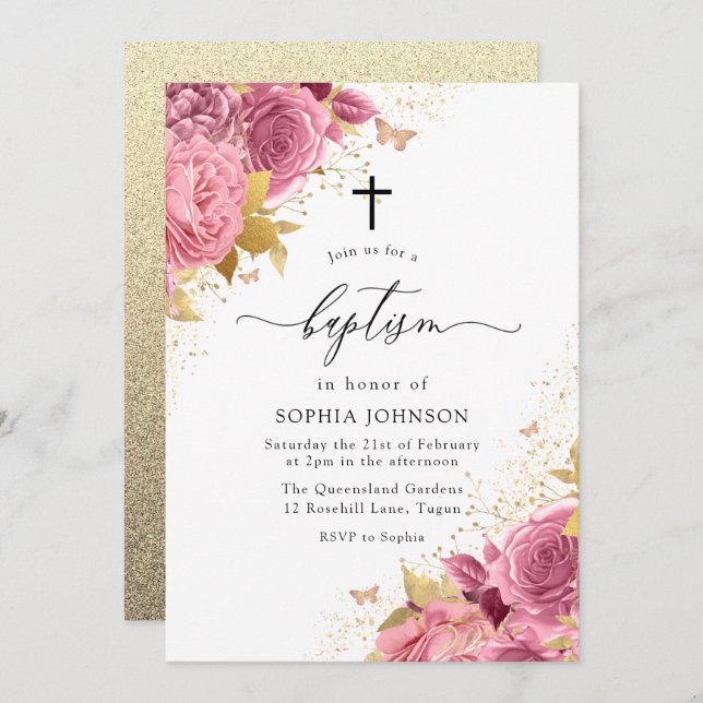 Magical Blush Pink Gold Flowers Glitter Baptism Invitation (Front/Back)