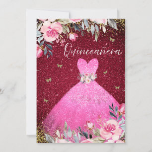 Magical Blush Pink Gown Dress Floral Quinceanera Invitation