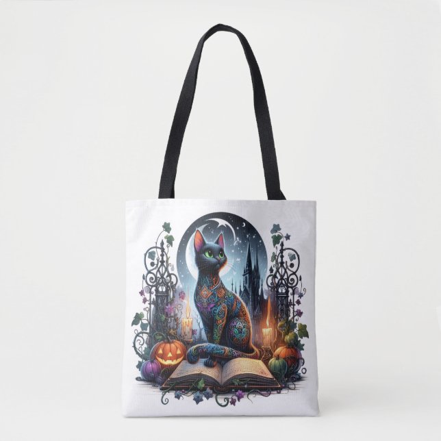 Magical Bookish Black Cat Magic Tote Bag (Front)