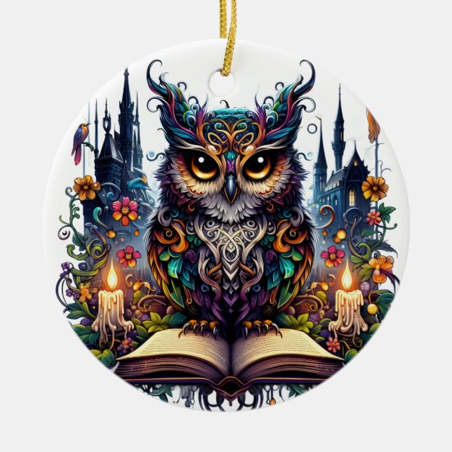 Magical Bookish Owl  Ceramic Tree Decoration (Front)