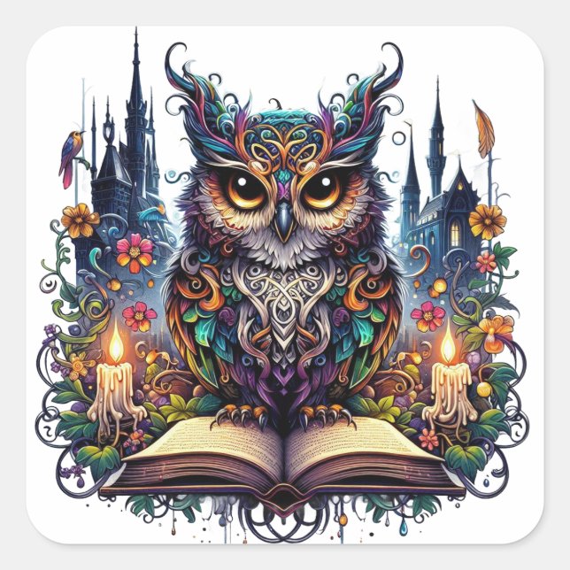 Magical Bookish Owl Square Sticker (Front)