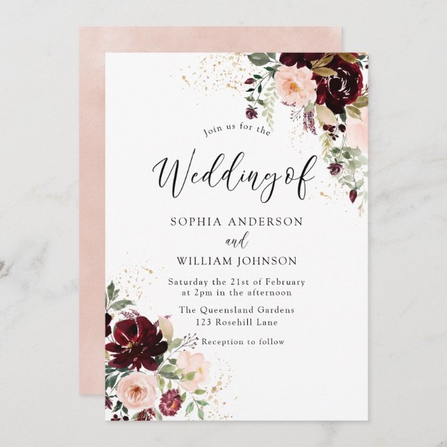 Magical Burgundy Blush Red Wine Flowers Wedding Invitation (Front/Back)