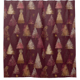 Magical Burgundy Snowy Forest Gold Star Shower Curtain