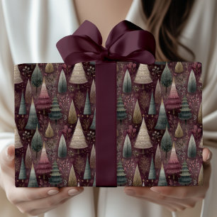 Magical Burgundy Woodland Christmas Trees Wrapping Paper