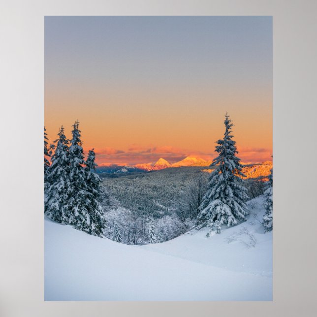 Magical burning mountains winter sunset poster (Front)