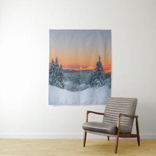 Magical burning mountains winter sunset tapestry