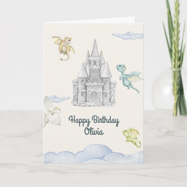 Magical Castle Cute Dragons Kids Birthday Card (Front)