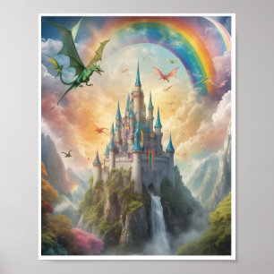 Magical castle flying dragons fairies rainbow poster