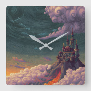 Magical Castle on Mountain & Swirling Clouds Wall Square Wall Clock