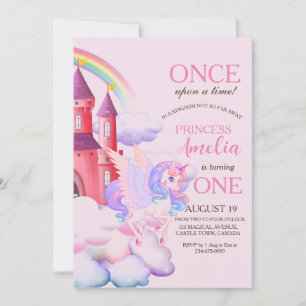 Magical Castle Pink Unicorns 1st Princess Birthday Invitation