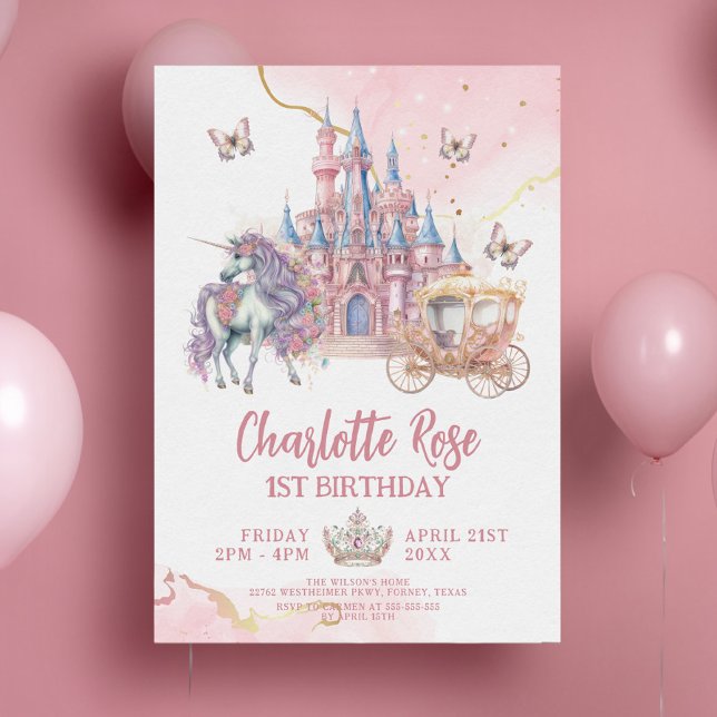 Magical Castle Unicorn Pink Princess 1st Birthday Invitation (Creator Uploaded)