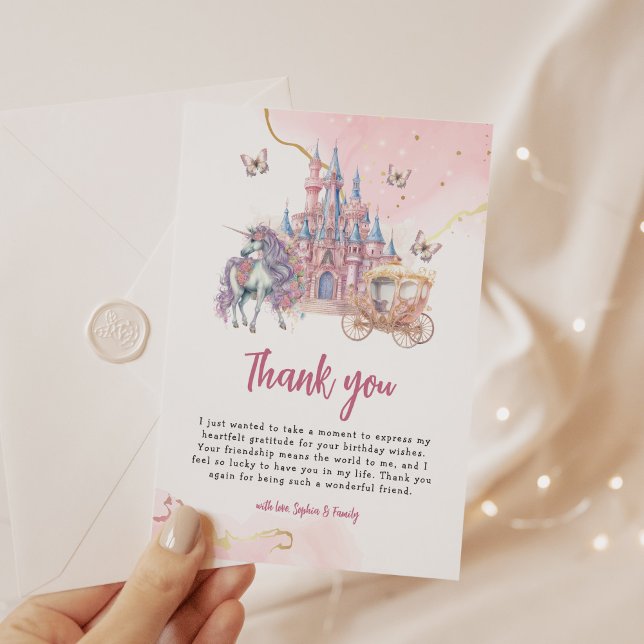 Magical Castle Unicorn Pink Princess 1st Birthday Thank You Card (Creator Uploaded)