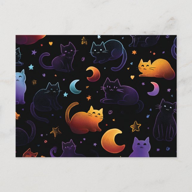 Magical Celestial Cat Pattern with Moons  Postcard (Front)