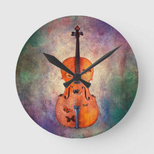 Magical cello with butterflies round clock