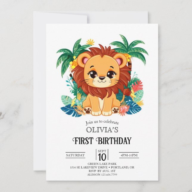 Magical Charming Lion 1st Birthday Digital Invitation (Front)