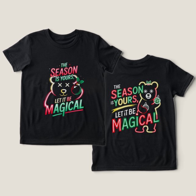 Magical Christmas Bear Girls Whimsical Neon Holida Tri-Blend Shirt (Design Front & Back)