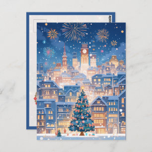 Magical Christmas City Fireworks Night Postcard