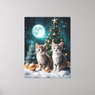 Magical Christmas Eve with Kittens by Tree Canvas Print