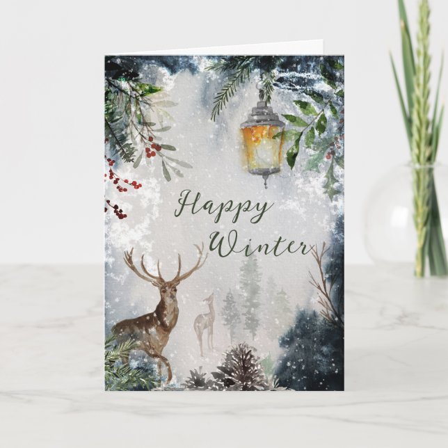 Magical Christmas Forest Deer Greeting Card (Front)