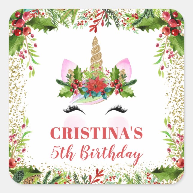 Magical Christmas Holly Berries Unicorn Birthday Square Sticker (Front)