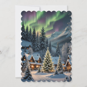 Magical Christmas, mountain village, polar lights Holiday Card