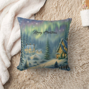 Magical Christmas night in the forest under stars  Cushion