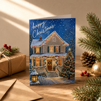 Magical Christmas Night Snowy House Greeting Card