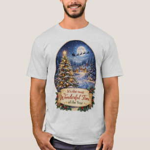 Magical Christmas Night Village Scene Graphic T-Shirt
