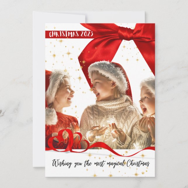 Magical Christmas Photo Red Ribbon Holiday Card (Front)