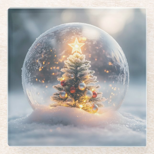 Magical Christmas Snow Globe with Glowing Tree Glass Coaster (Front)