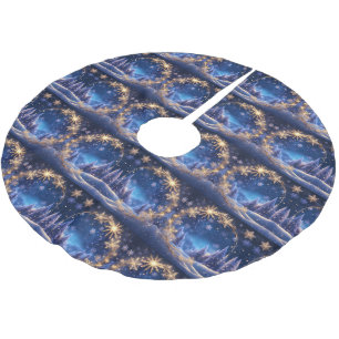 Magical Christmas time - golden snowflakes on blue Brushed Polyester Tree Skirt