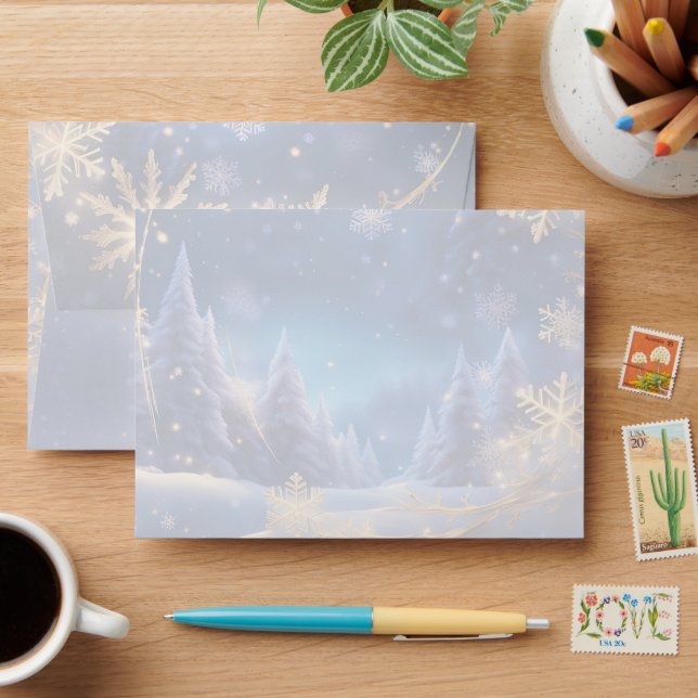 Magical Christmas time - golden snowflakes on blue Envelope (Desk)