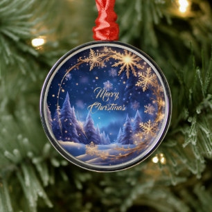 Magical Christmas time - golden snowflakes on blue Metal Tree Decoration