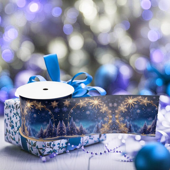 Magical Christmas time - golden snowflakes on blue Satin Ribbon (Creator Uploaded)