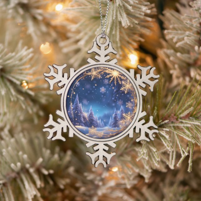 Magical Christmas time - golden snowflakes on blue Snowflake Pewter Christmas Ornament (Tree)